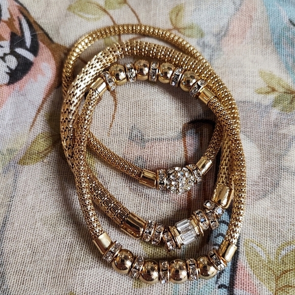 3 Gold Tone Metal Mesh Tube Clear  Rhinestone Bracelets New York & Company NWT - Picture 5 of 13